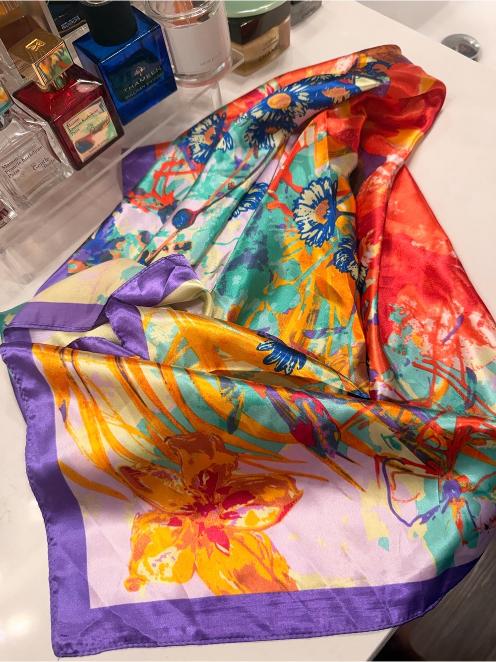 Multicolor Floral Satin Scarf with Purple Trim - Women's Accessory